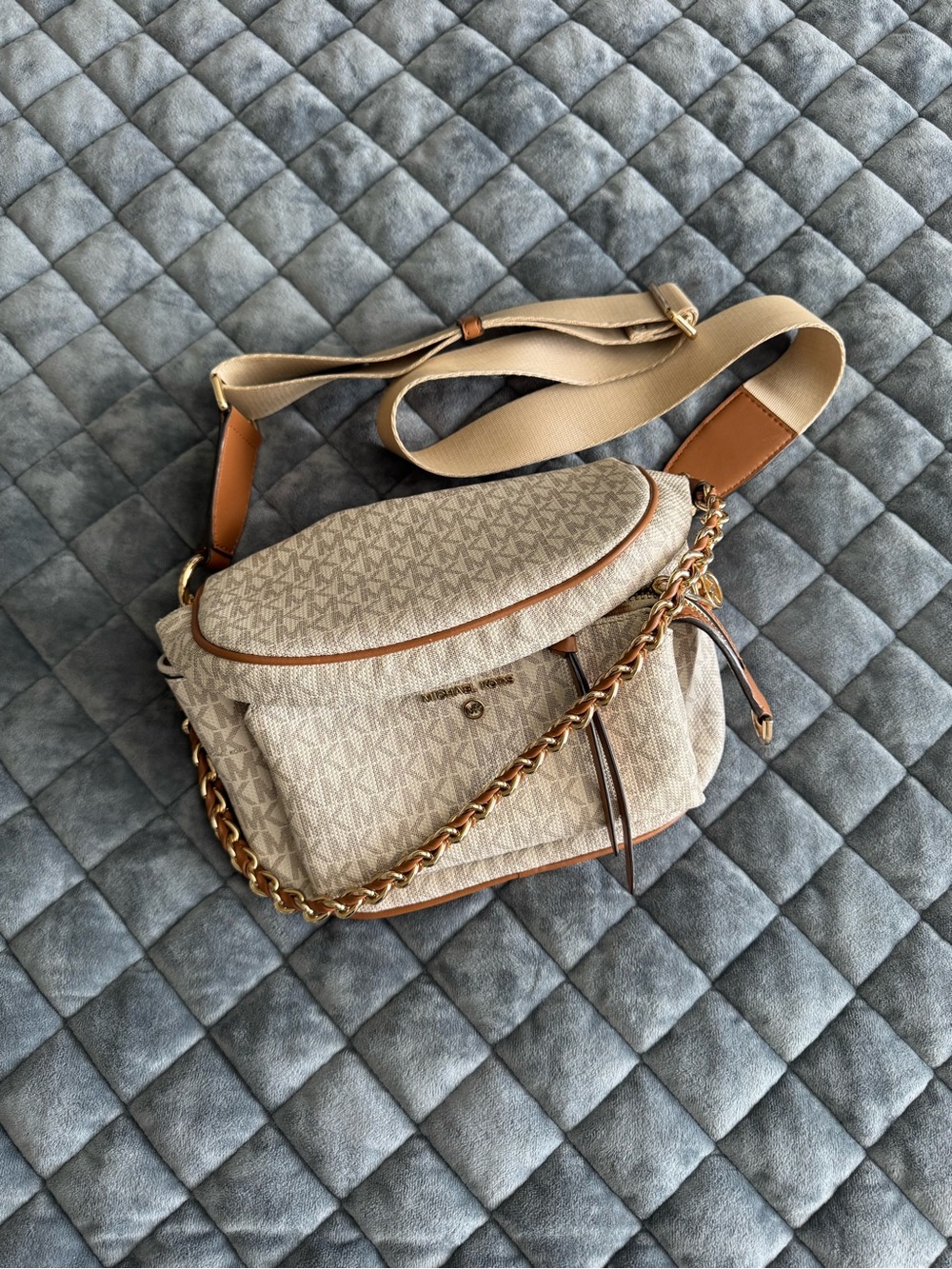 Michael Kors Beige and Tan Signature Crossbody Bag with Gold Chain